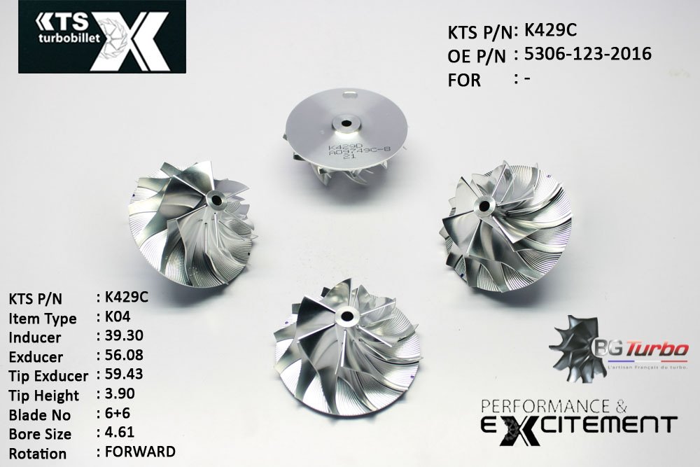 Turbo ROUE FORGÉE MFS PERFORMANCE - 6+6 PALES - INDUCER : 39,3 - EXDUCER : 56,08 - TYPE : K04ANGLE : 60° - ROTATION : Forward - SUPER BACK : 1,8 - BORE SIZE : 4,61
